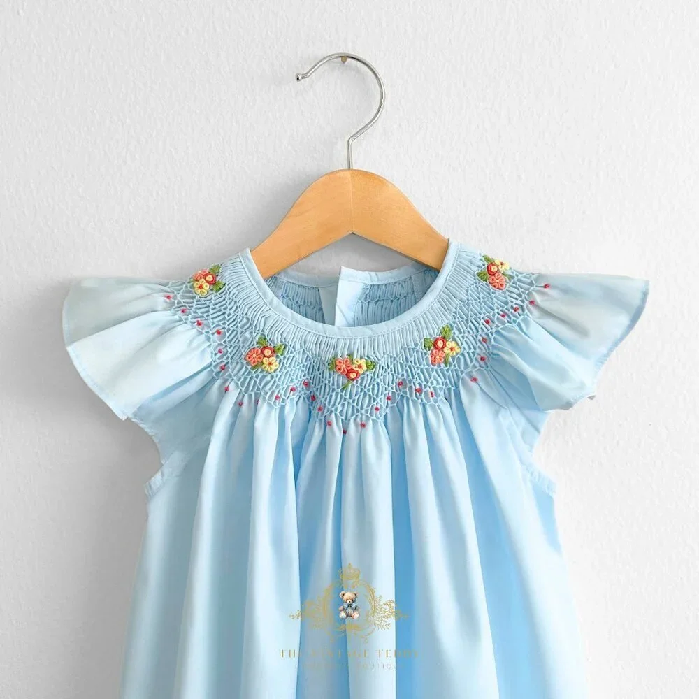 NWT Pretty Girls Embroidered Smocked Bishop Dress Spring & Summer Sky Blue 12M